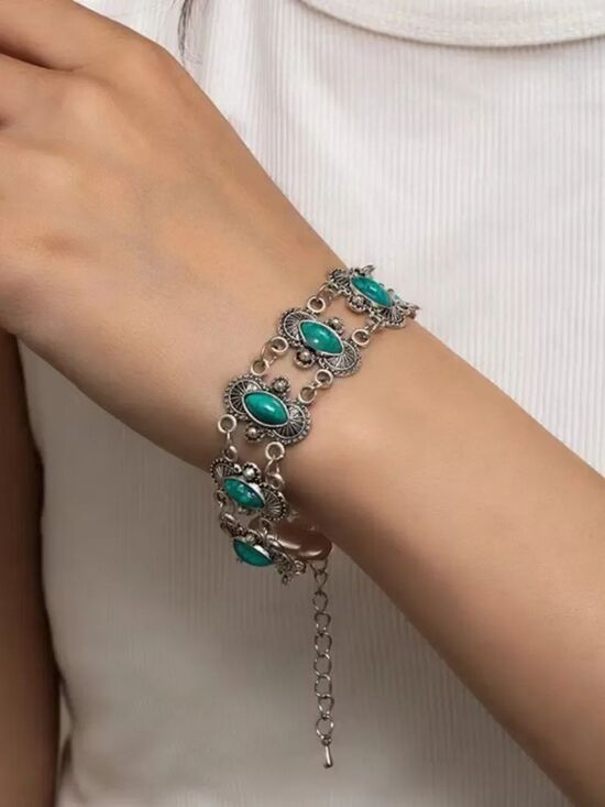 Jewelry - Vintage Bohemian Turquoise Marquise Link Bracelet Southwestern Filigree Jewelry